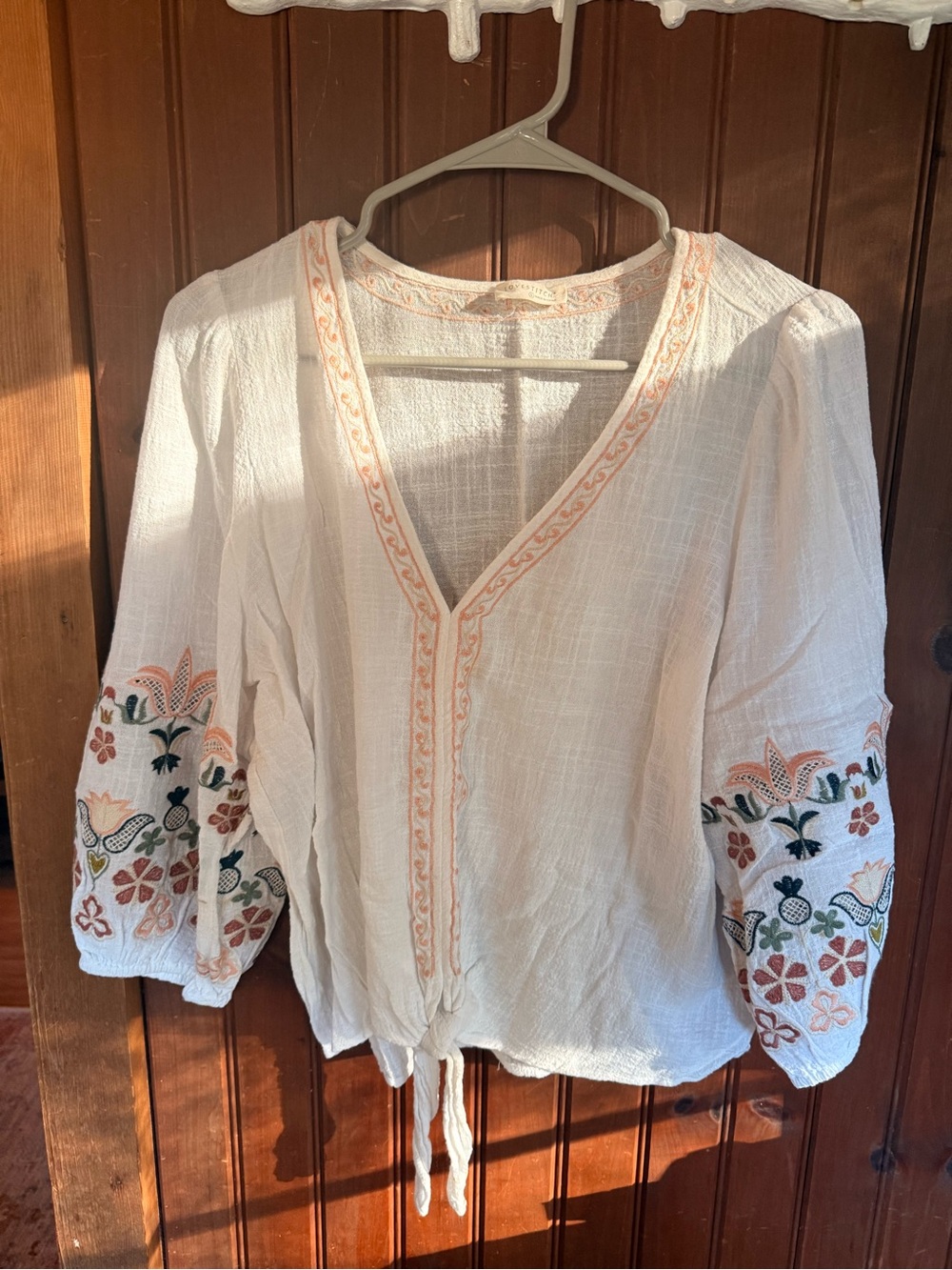 White Embroidered V-Neck Peasant Top with Peach Accents